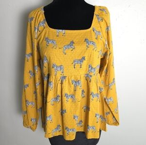 Michelle McDowell Yellow Zebra Smocked Babydoll Long Sleeve Jacquard Blouse S